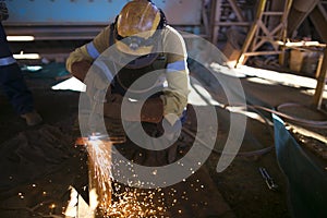 Construction miner worker wearing long sleeve t shirt, safety steel cap boot, hard hat, face shield safety protection commencing a