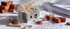 The construction model house with bricks and blueprints on a workspace..AI generated image