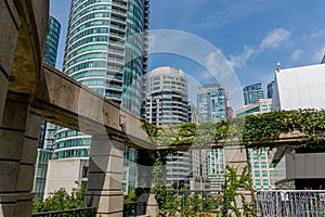 Construction of the modern condo buildings with huge windows and balconies in Toronto