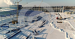 Construction of a modern factory or plant, Industrial area in winter, panoramic view from the air. Modern plant on the