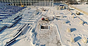 Construction of a modern factory or plant, Industrial area in winter, panoramic view from the air. Modern plant on the