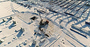 Construction of a modern factory or plant, Industrial area in winter, panoramic view from the air. Modern plant on the
