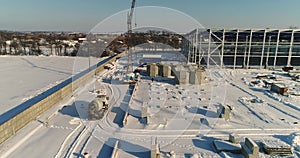 Construction of a modern factory or plant, Industrial area in winter, panoramic view from the air. Modern plant on the