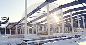 Construction of a modern factory or warehouse, modern industrial exterior, panoramic view, Modern storehouse