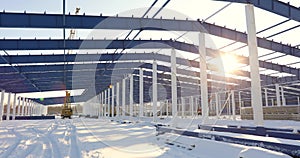 Construction of a modern factory or warehouse, modern industrial exterior, panoramic view, Modern storehouse