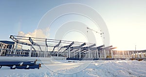 Construction of a modern factory or warehouse, modern industrial exterior, panoramic view, Modern storehouse