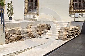 Modern staircase in Roman archaeological remains, Cordoba, Spain