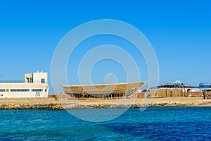 Construction of the modern yacht on shipyard