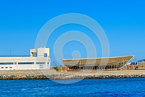 Construction of the modern yacht on shipyard
