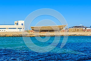 Construction of the modern yacht on shipyard