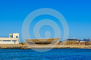 Construction of the modern yacht on shipyard