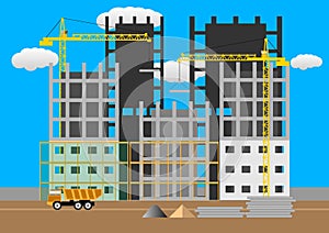 Construction of multi-storey buildings. construction of residential houses construction site concept design flat style vector