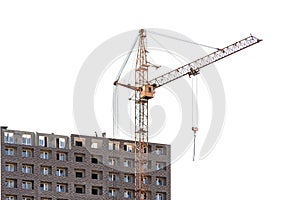 Construction of multi-storey buildings with tower cranes on a white isolated background