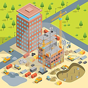 Construction of Multistory Building Concept 3d Isometric View. Vector
