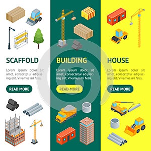 Construction of Multistory Building Concept Banner Vecrtical Set 3d Isometric View. Vector