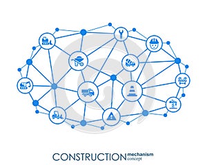 Construction network. Hexagon abstract background with lines, polygons, and integrated flat icons. Connected symbols for