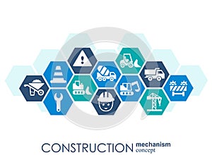 Construction network. Hexagon abstract background with lines, polygons, and integrated flat icons. Connected symbols for build, in