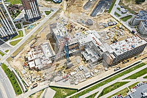 Construction of new building in a residential area. aerial view of big construction site