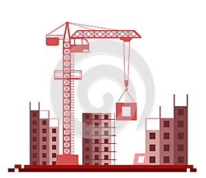 Construction of a new building. Silhouette. Cranes and Tractors. Modern technologies and equipment. Isolated on white
