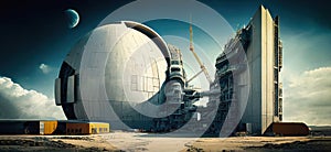 Construction of a new energy facility. construction of a nuclear fusion generation plant. Sphere shaped reactor.