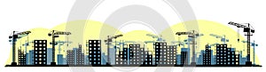 Construction of a new microdistrict of the city. Silhouette. Cranes and Tractors. Modern technologies and equipment