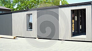 Construction of new and modern modular house. Building new frame of energy efficient home concept