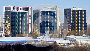 Construction of new multi-storey residential buildings. floral pattern on the walls