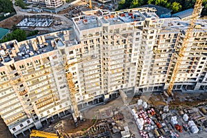 Construction of new multistory apartment building. aerial top view