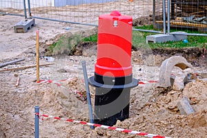 Construction of a new road in the initial stage. . construction of communications. construction of water hydrants