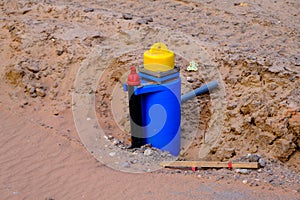 Construction of a new road in the initial stage. . construction of communications. construction of water hydrants