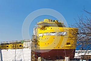 The construction of a new ship in dry dock