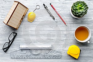 Construction office with architect tools on wooden background top view mockup