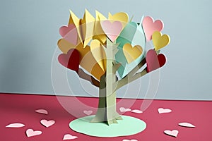 Construction paper craft tree with hearts for Valentines Day