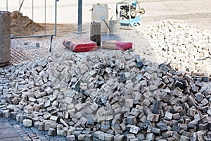 Construction of pavement road with cobblestone granite