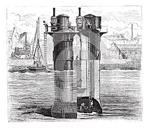 Construction of the pillars of Tay Bridge using compressed air Scotland, vintage engraving