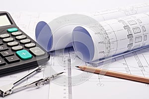 Construction plan blueprints with tools