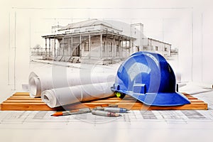 Construction plans with blue helmet and drawing tool.