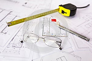 Construction plans on blueprints