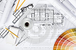 Construction plans and drawing Tools on blueprints