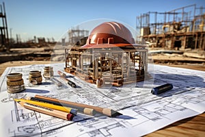 Construction plans with helmet and other tools on wooden table. Construction concept