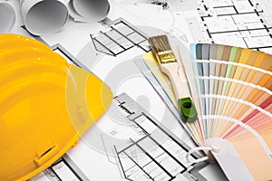 Construction plans with Paint Brush Colors Palette and Yellow Sa