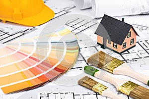 Construction plans with whitewashing Tools Colors Palette and Mi photo