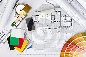 Construction plans with whitewashing Tools,Colors Palette and Sm photo