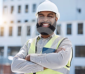 Construction, portrait or man with arms crossed in city for building project, site maintenance or civil engineering