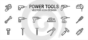 construction Power tools related vector icon user interface graphic design. Contains such icons as grinder, driller, impact drill