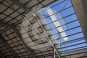 Construction of a prefabricated house. Steel frame of the building