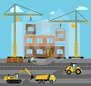 Construction. Process building.Industrial landscape Vector flat