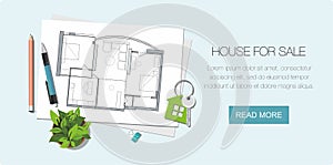 Architect house plan and Key with symbol of house. Construction background.  Web banner