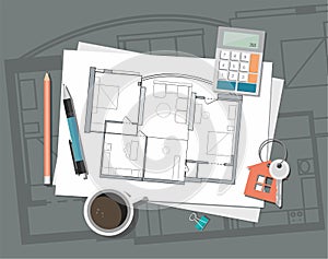Construction project architect house plan with tools. Key with symbol of house. Construction background.