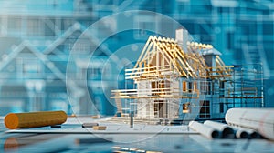 construction project, house under construction on blueprint, blue background